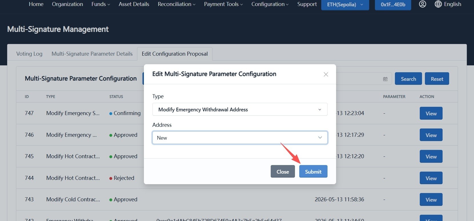 Create emergency rebalancing address proposal