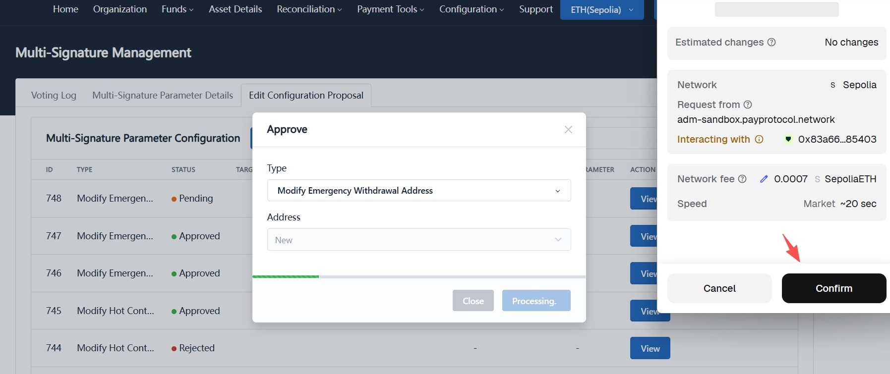 Confirm emergency rebalancing address proposal on-chain