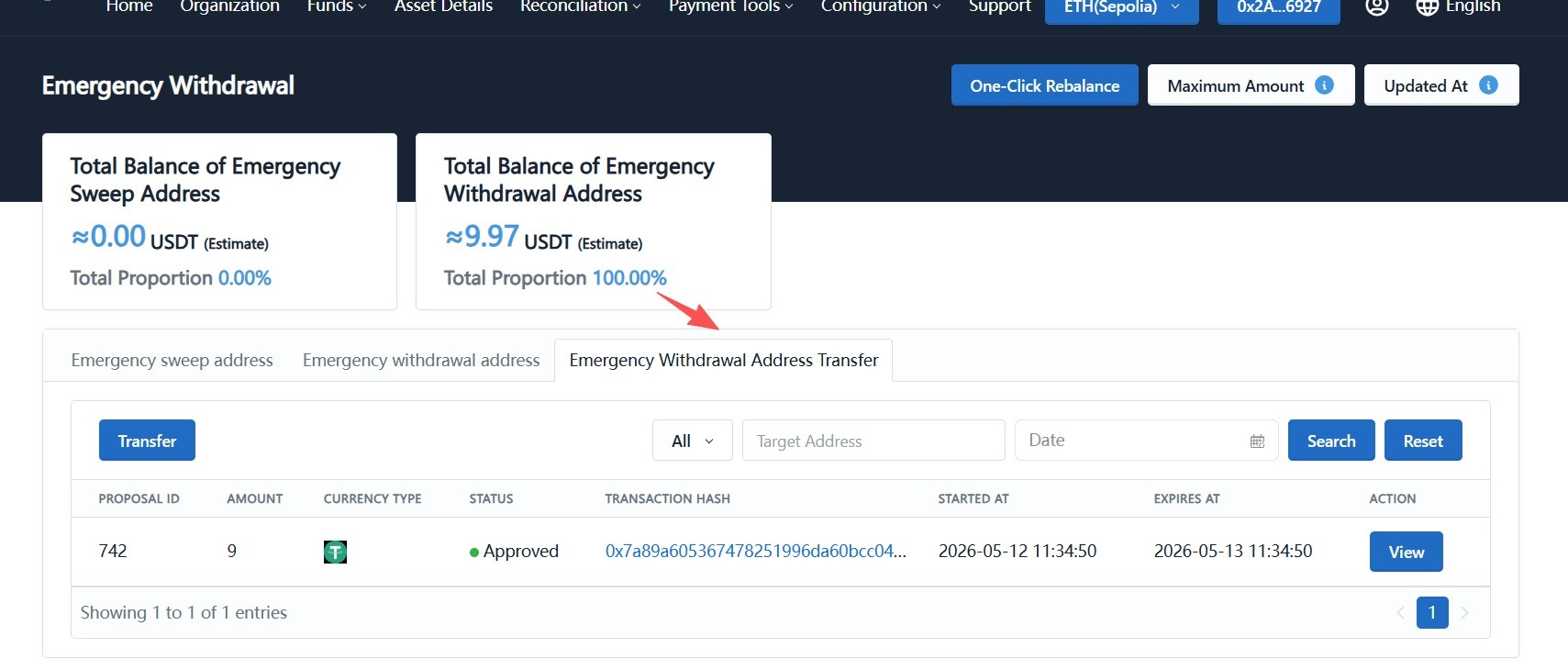 Open transfer from emergency rebalancing address